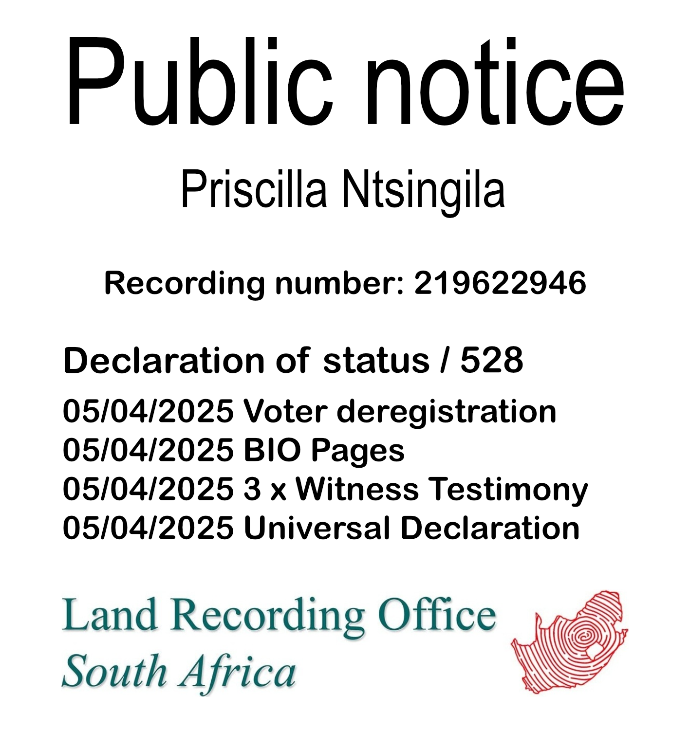 Public Notice Priscilla Ntsingila (c) Recording number 219622946